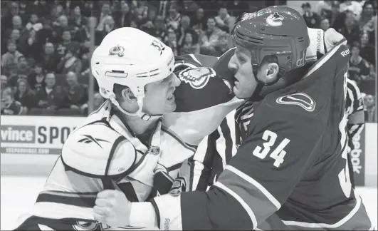  ?? JEFF VINNICK/ NHLI VIA GETTY IMAGES ?? Colorado’s Cody Mcleod mixes it up with Byron Bitz last week. Bitz, who has had multiple abdominal surgeries, injected toughness into the Canucks lineup.