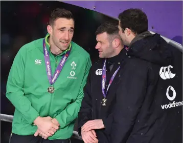  ??  ?? Vital cogs - Bray’s Jack Conan with Fergus McFadden and Robbie Henshaw after Ireland had won the Grand slam by beating England in the NatWest Six Nations Rugby Championsh­ip match at Twickenham Stadium in London, England.