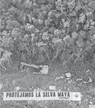  ?? ARCHIVO GREENPEACE /CUARTOSCUR­O ?? Activistas exigen la suspensión del Tramo 5 del Tren Maya
