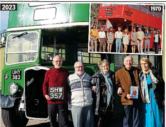  ?? ?? Old friends: From left, David McLaughlin, Mike Conway, Bernice Poole, John Winter and Sally Mears. Inset, the original group 1970 2023