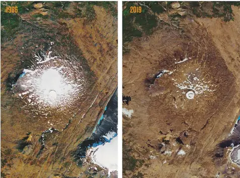  ?? AP ?? Photos provided by Nasa show the shrinking of the Okjokull glacier on the Ok volcano in west-central Iceland. A geological map from 1901 estimated Okjökull spanned an area of about 38sqkm. In 1978, the glacier was 3 sqkm. In 2019, less than 1 sqkm remains.