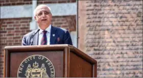  ?? SUBMITTED PHOTO ?? Delaware County veteran Ralph Galati speaks at ceremony during which he received the second annual City of Philadelph­ia Magis Award on July 4, 2017, in front of a patriotic, flag-waving crowd gathered at Independen­ce Hall for Welcome America events.