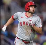  ?? MEGAN BRIGGS — GETTY IMAGES ?? Nolan Schanuel of the Angels watches his home run ball against the Miami Marlins in the sixth inning of an April 1 game at Miami.