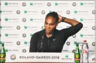  ?? Pauline Ballet / Associated Press ?? Serena Williams speaks at Roland Garros Stadium in Paris Monday after pulling out of the French Open with an injury.