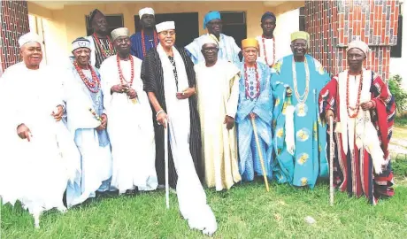  ?? PHOTO; NAJEEM RAHEEM. ?? Olufon of Ifon,oba Isaac Adeusi( left); Ajobu of Araromi-obu, Oba Aderemi Adelola; Olukare of Ikare -Akoko, Obasaliu Momoh; Chairman, Ondo State Council of Obas and Olugbo of Ugboland, Oba Obateru Akinruntan; Olisua of Isua-akoko, Oba Adesunloye Oyolola; Alani of Idoani,oba Olufemi Olutoye; Olubaka of Oka-akoko,oba Ade Adeleye; Kalasuwe of Apoi, Oba Sunday Amuseghan; Amapetu of Mahin, Oba Oluwasegun Akinyomi; Agadagba of Arogbo, Pere Zaccheus Doubra Egbenu; Akala of Ikaram-akoko, Oba Ade Momodu and Owa of Ogbagi- Akoko, Oba Victor Adetona at the meeting of Ondo State Council Obas in Akure, Ondo State