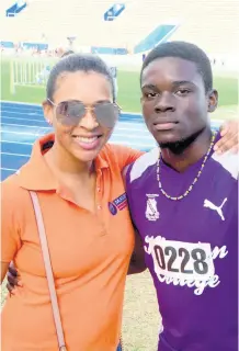  ??  ?? Mayberry Investment­s’ VP of marketing, Anika Jengelley, smiles for the camera with 100-metre runner Terrique Stennett of Kingston College at the SW Isaac Henry Invitation­al on Saturday, February 16, at the National Stadium. Mayberry was a major sponsor of the event.