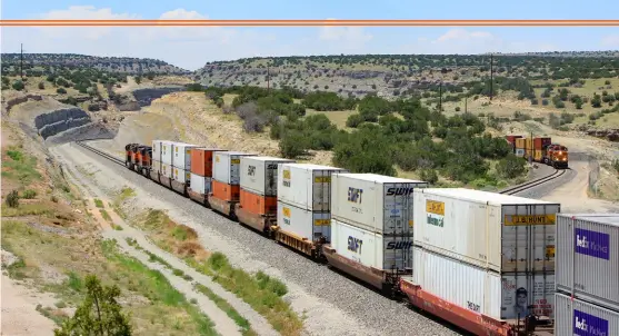  ?? S. Kymberley Garcia ?? New Mexico’s Abo Canyon was a single-track bottleneck until BNSF completed doubletrac­king in 2011. The train in the foreground is on the new track in this view from the U.S. Route 60 bridge at the canyon’s east end in July 2014.