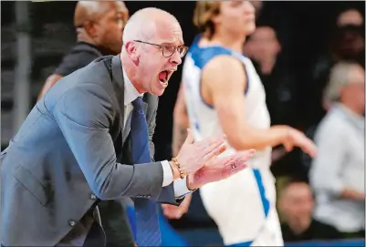  ?? SUE OGROCKI/AP PHOTO ?? UConn coach Dan Hurley shouts during the first half of the team’s game against Tulsa on Feb. 6 in Tulsa, Okla.