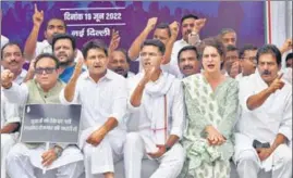  ?? PTI ?? Congress leaders stage a ‘Satyagraha’ at Jantar Mantar in solidarity with defence aspirants protesting against the Agnipath recruitmen­t scheme.