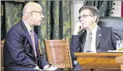  ?? RICARDO B. BRAZZIELL / AMERICAN-STATESMAN ?? Sen. John Whitmire (left) speaks with Lt. Gov. Dan Patrick on the Senate floor Monday. Whitmire is an ardent supporter of the truancy reform bill that would fix what he calls“a huge problem.”