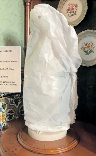  ??  ?? Plastic bag obscures a statue and, above, paintings are hidden for a project targeting ‘male’ artworks at Cragside National Trust property, top