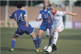  ??  ?? Malta’s Rachael Cuschieri (right) goes past Samantha Reyes of Andorra (left) in Malta’s 4-0 win Photo: Domenic Aquilina