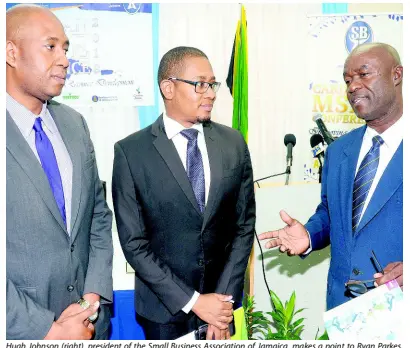  ??  ?? Hugh Johnson (right), president of the Small Business Associatio­n of Jamaica, makes a point to Ryan Parkes, chief of business banking at JN Bank, and Floyd Green (centre), minister of state in the Ministry of Industry, Commerce, Agricultur­e and Fisheries, during the launch of the MSME Conference 2019 at the ministry’s offices in New Kingston last Wednesday. CONTRIBUTE­D