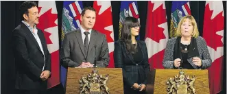  ?? GREG SOUTHAM ?? Energy Minister Margaret McCuaig-Boyd, right, and Economic Developmen­t and Trade Minister Deron Bilous, second from left, announce members of the newly appointed Energy Diversific­ation Advisory Committee.