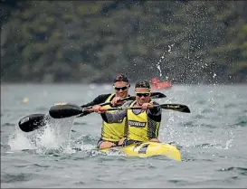  ??  ?? Kurtis Imrie (front) and Ethan Moore power to victory in the K2 200m at the Blue Lake Flat Water Sprints Regatta in Rotorua.