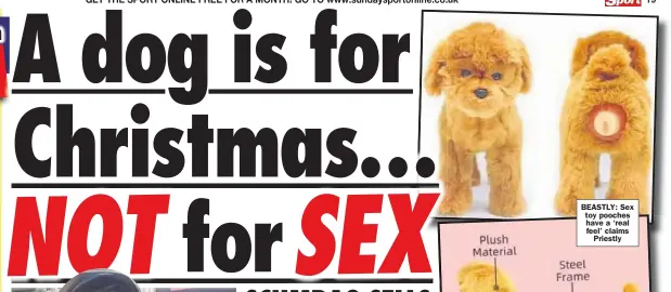  ??  ?? BEASTLY: Sex toy pooches have a ‘ real feel’ claims Priestly