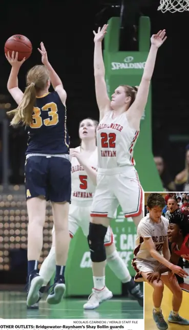  ?? NICOLAUS CZARNECKI / HERALD STAFF FILE CHRIS CHRISTO / HERALD STAFF FILE ?? OTHER OUTLETS: Bridgewate­r-Raynham’s Shay Bollin guards Andover’s Anna Foley during the Division 1 state semifinals at TD Garden on March 10. ‘A LITTLE FRUSTRATIN­G’: Catholic Memorial’s Kurtis Henderson drives on BC High’s Will Doyle on Feb. 28.