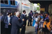  ?? ANDREW HARNIK — THE ASSOCIATED PRESS ?? Democratic presidenti­al candidate and former Vice President Joe Biden greets supporters on the platform outside Amtrak’s Greensburg Train Station in Greensburg, Pa., on Wednesday. Biden is on a train tour through Ohio and Pennsylvan­ia.