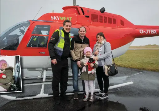  ??  ?? Above: Pilot Ryan Hanrahan of BumbleAir, with Tonia McMorrow, Shane Heron and their daughter Saoirse Heron, 6, at Sligo Airport, before heading to Dublin for Saoirse’s chemo treatment. Photo: James Connolly.