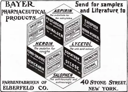  ??  ?? Anuncio de 1900 de la farmacéuti­ca Bayer en el que la heroína y la aspirina comparten el mismo cubo terapéutic­o.
A la izqda.,