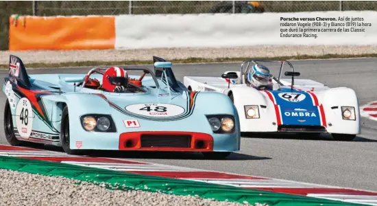  ??  ?? Porsche versus Chevron. Así de juntos rodaron Vogele (908-3) y Bianco (B19) la hora que duró la primera carrera de las Classic Endurance Racing.