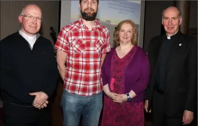  ??  ?? Fr Billy Swan, Neil Foley of Ferns CAFE, Breda O’Brien of The Irish Times and Bishop Denis Brennan at the launch.