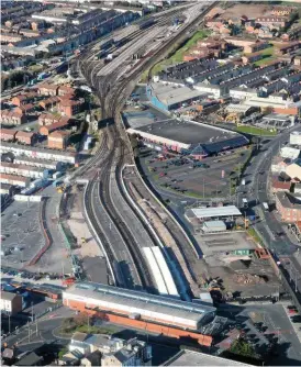  ?? PHIL METCALFE. ?? Blackpool North from the air on September 17. The carriage sidings are in the distance, on the top left. The line will be closed for 19 weeks from November 11 as part of a resignalli­ng and electrific­ation project.