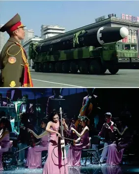  ??  ?? Parallelo Sopra, un’immagine della parata di ieri nella capitale nordcorean­a, dalla tv KRT. Sotto la Samjiyon Orchestra (Corea del Nord) mentre suona a Gangneung in Corea del Sud (Kim Hongji/pool via AP)