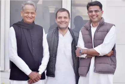  ??  ?? Ashok Gehlot, Rahul Gandhi and Sachin Pilot pose for a photograph. The Congress president tweeted the photo with the caption, ‘The United Colours of Rajasthan.’