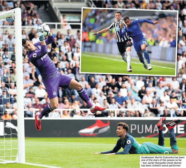  ??  ?? Goalkeeper Martin Dubravka has been one of the stars of the season so far – but Javier Manquillo (inset above) has been United’s worst performer