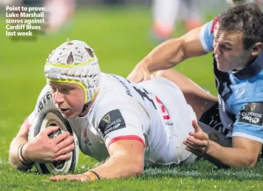  ??  ?? Point to prove: Luke Marshall scores against Cardiff Blues last week