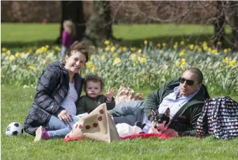  ??  ?? Kai Pierpoint Sheridan (22 months) enjoys a picnic in the sun with his mother and father, Nicola and Dan, at St Ann’s Park, Raheny. Photo: Colin O’Riordan