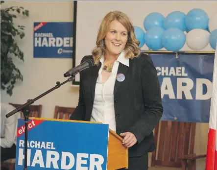  ?? DAVID ROSSITER/ FOR THE CALGARY HERALD ?? Conservati­ve Rachael Harder was greeted by cheering supporters after being elected as the MP for Lethbridge on Monday. “Blue is a much nicer colour. It just looks nice in this city,” she said after the results were announced.