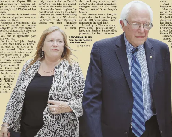  ?? AP FILE PHOTO ?? LAWYERING UP: U.S. Sen. Bernie Sanders and wife Jane.