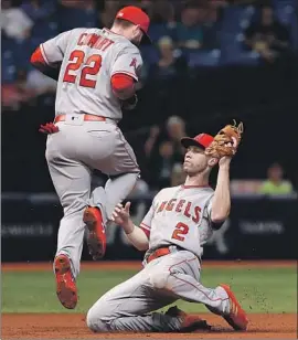  ?? Mike Ehrmann Getty Images ?? ANDRELTON SIMMONS of the Angels catches a f ly ball in front of teammate Kaleb Cowart in the third inning during a loss to Tampa Bay.