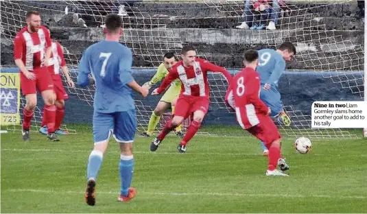  ??  ?? Despite manager Paul McColl’s warning to fans not to expect eight goals every week, Johnstone Burgh were the second team in a row to be on the end of another Lang hammering.
New signing Liam Gormley partnered a rejuvenate­d Thomas Kilmartin in attack...