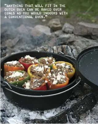  ??  ?? “ANYTHING THAT WILL FIT IN THE DUTCH OVEN CAN BE BAKED OVER COALS AS YOU WOULD INDOORS WITH A CONVENTION­AL OVEN.”
Complete one-pot meals make outdoor cooking and cleanup very easy.