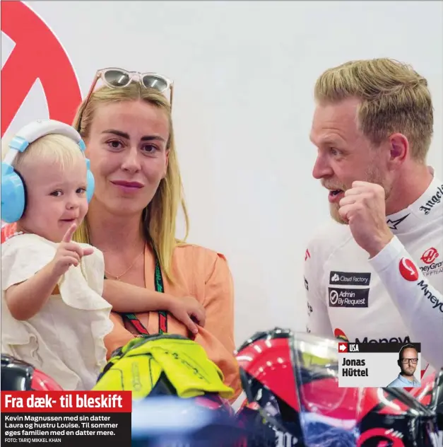  ?? FOTO: TARIQ MIKKEL KHAN ?? Fra dæk- til bleskift
Kevin Magnussen med sin datter Laura og hustru Louise. Til sommer øges familien med en datter mere.