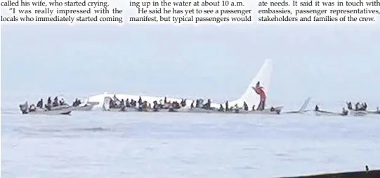  ??  ?? Photo shows an Air Niugini plane floating in a Pacific lagoon after it crash-landed near Chuuk Airport in Weno, Micronesia yesterday.