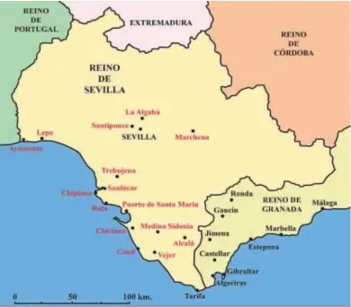  ??  ?? Mapa con las propiedade­s que tuvo don Alonso Pérez de Guzmán en el reino de Sevilla.