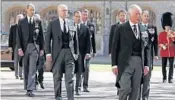  ?? ALASTAIR GRANT/AP ?? From front left, Britain’s Prince Charles, Princess Anne, Prince Andrew. Prince Edward, Prince William, Peter Phillips, Prince Harry, Earl of Snowdon and Tim Laurence follow the coffin in a ceremonial procession for the funeral of Britain’s Prince Philip.