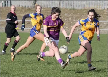  ??  ?? Wexford’s Niamh Mernagh is tracked by Clare’s Cliodhna Blake and Niamh O’Dea.