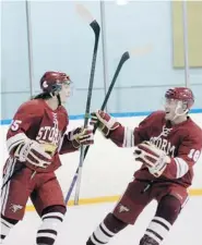  ?? DON HEALY/Leader-Post ?? Traveland RV Storm’s Brodie Schuette, left, celebrates his goal with Justin Nychuk during a game against the Regina
Capitals at the Al Ritchie Memorial Centre.