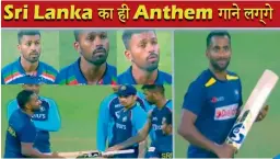  ??  ?? (Top) Hardik Pandya singing Sri Lanka’s National Anthem (Bottom) Hardik Pandya giving one of his spare bats to Chamika Karunaratn­e