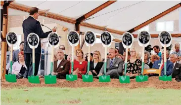  ?? [PHOTO BY DOUG HOKE, THE OKLAHOMAN] ?? Bruce Lawrence, president and CEO of Integris, speaks during Thursday’s groundbrea­king ceremony for Integris Arcadia Trails Center for Addiction Recovery.