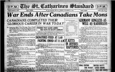  ?? SUBMITTED ?? The front page of the St. Catharines Standard from Nov. 11, 1918. Details about local reaction can be found in Yesterday &amp; Today on page D3.