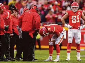  ?? Jeff Roberson/Associated Press ?? Chiefs quarterbac­k Patrick Mahomes (15) takes a moment after a play against the Jaguars in the first half of Saturday’s divisional round playoff game.