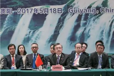  ??  ?? Then Vice Foreign Minister of China Liu Zhenmin at the 14th Senior Officials’ Meeting on the Implementa­tion of the DOC in Guiyang, May 18, 2017. Agreement on a framework for the Code of Conduct in the South China Sea (COC) by China and ASEAN countries...