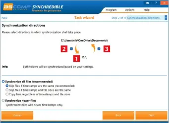  ?? ?? 2 1 3
Either tick one box to sync in one direction, or both to keep them fully synchronis­ed
