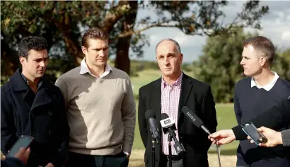  ?? Getty Images ?? Australian Cricketers Ed Cowan, Shane Watson and Simon Katich along with ACA President Greg Dyer speak to the media during the Australian Cricketers’ Associatio­n Golf Day at New South Wales Golf Club on in Sydney, Australia on Tuesday. —